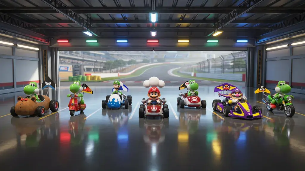 seven mario kart racers lined up in different vehicles inside a brightly lit garage near a race track