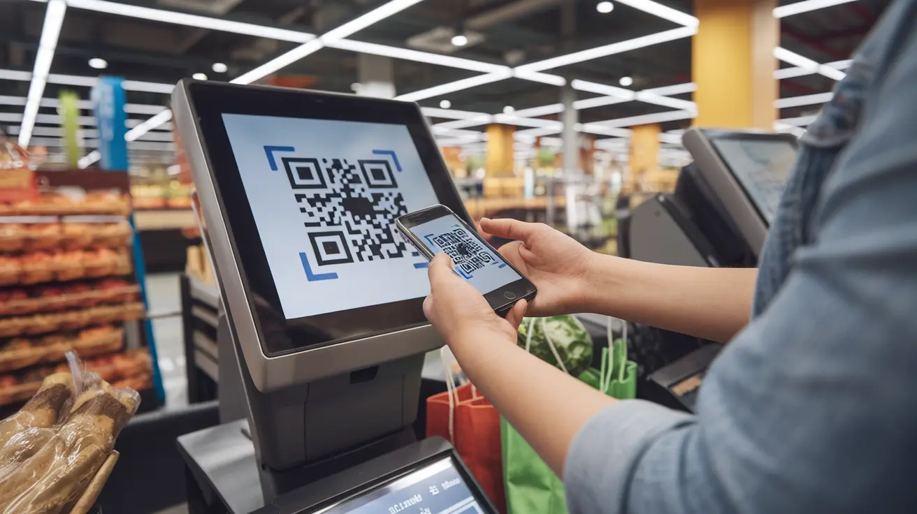 shopper scanning a qr code on a self checkout screen to complete a phone based payment