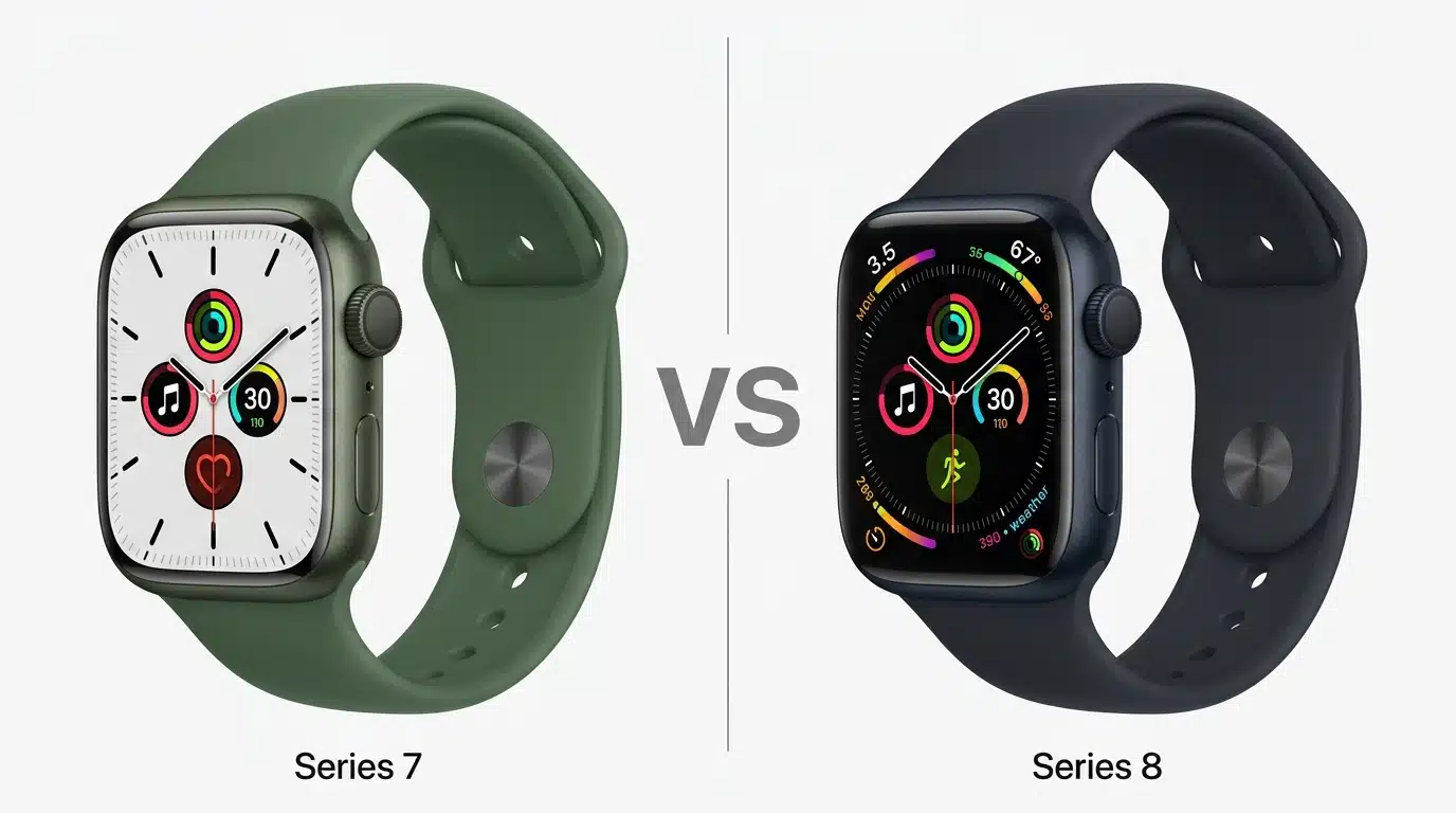 Side-by-side VS comparison of Apple Watch Series 7 in green and Series 8 in midnight, both with sport bands