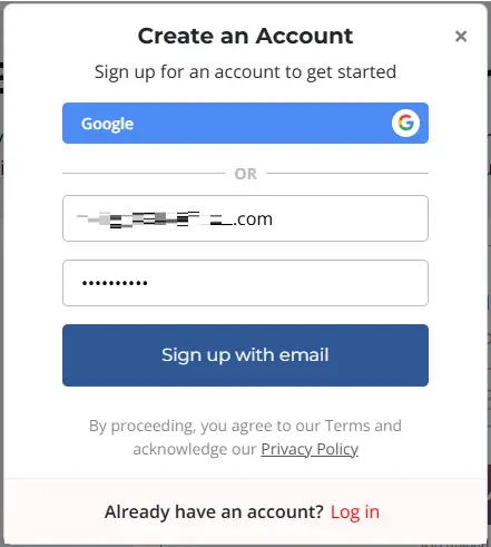 Account creation popup with options to sign up using Google or email credentials