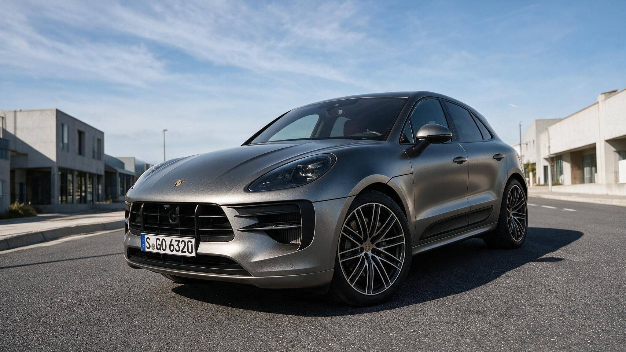 silver porsche macan electric suv parked on urban street sleek coupe silhouette led headlights alloy wheels clear sky