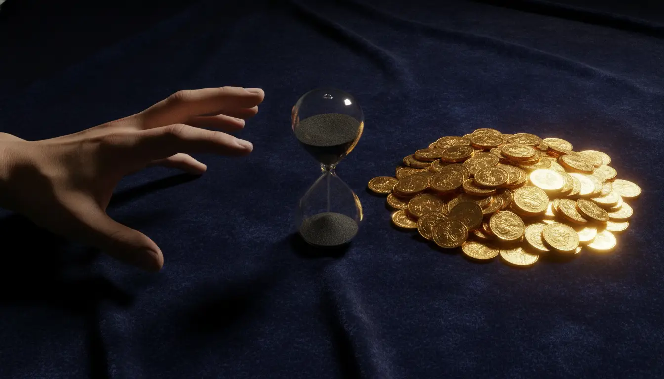 Hand reaching for hourglass next to pile of gold coins on dark fabric surface
