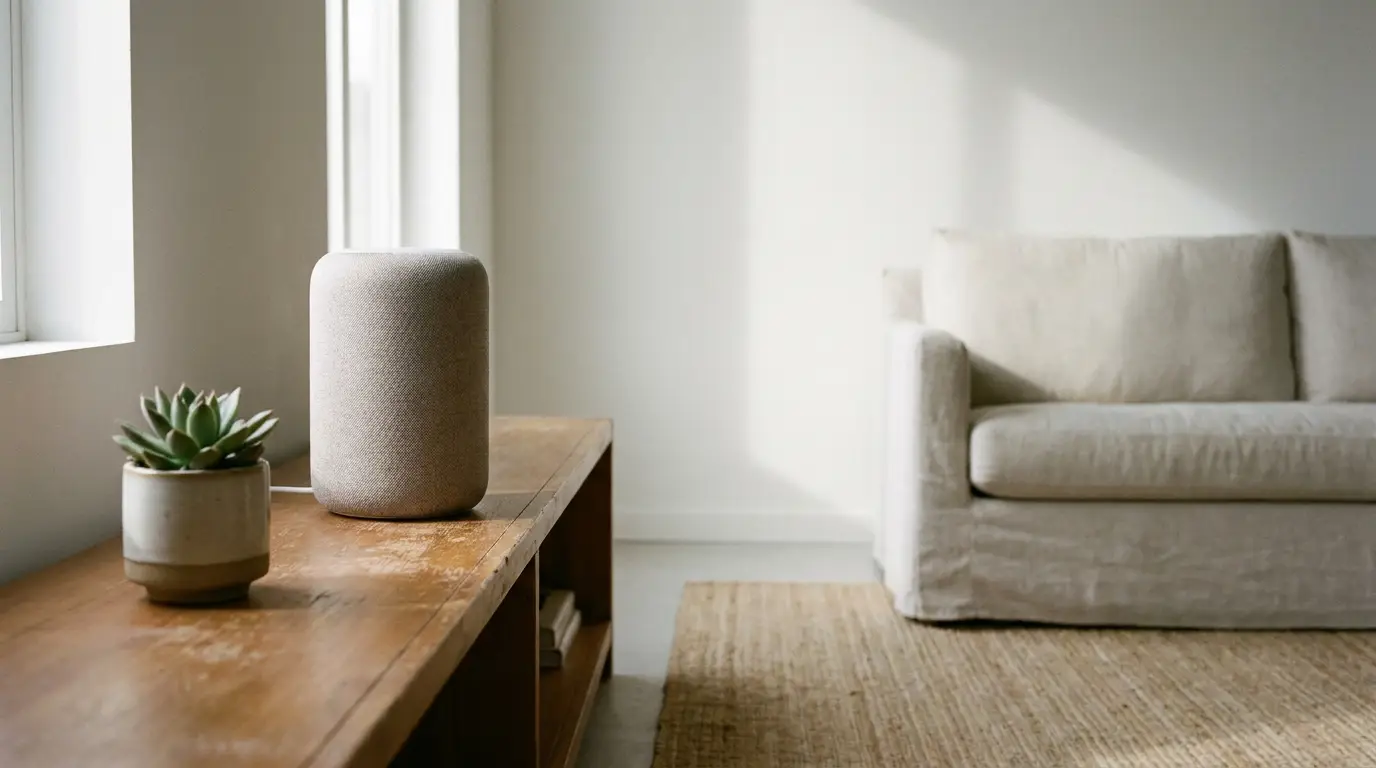 Beige sofa and smart speaker on wooden table in sunlit minimalist living room