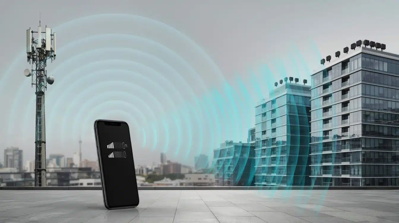 smartphone connected to advanced 5g network with cellular towers showing high speed mobile connection