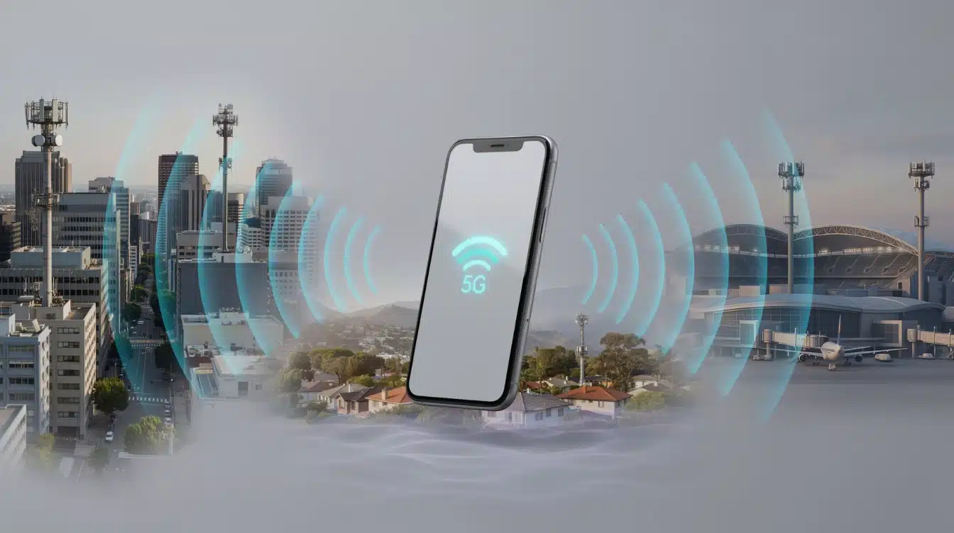 smartphone connected to multiple advanced 5g networks across city stadium and suburban locations