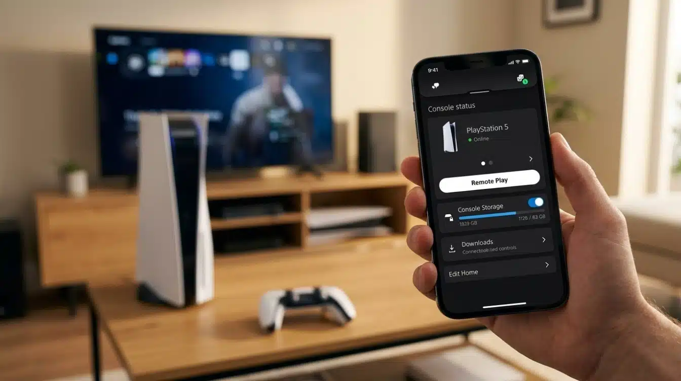 smartphone showing PlayStation app connected to PS5 console for remote control