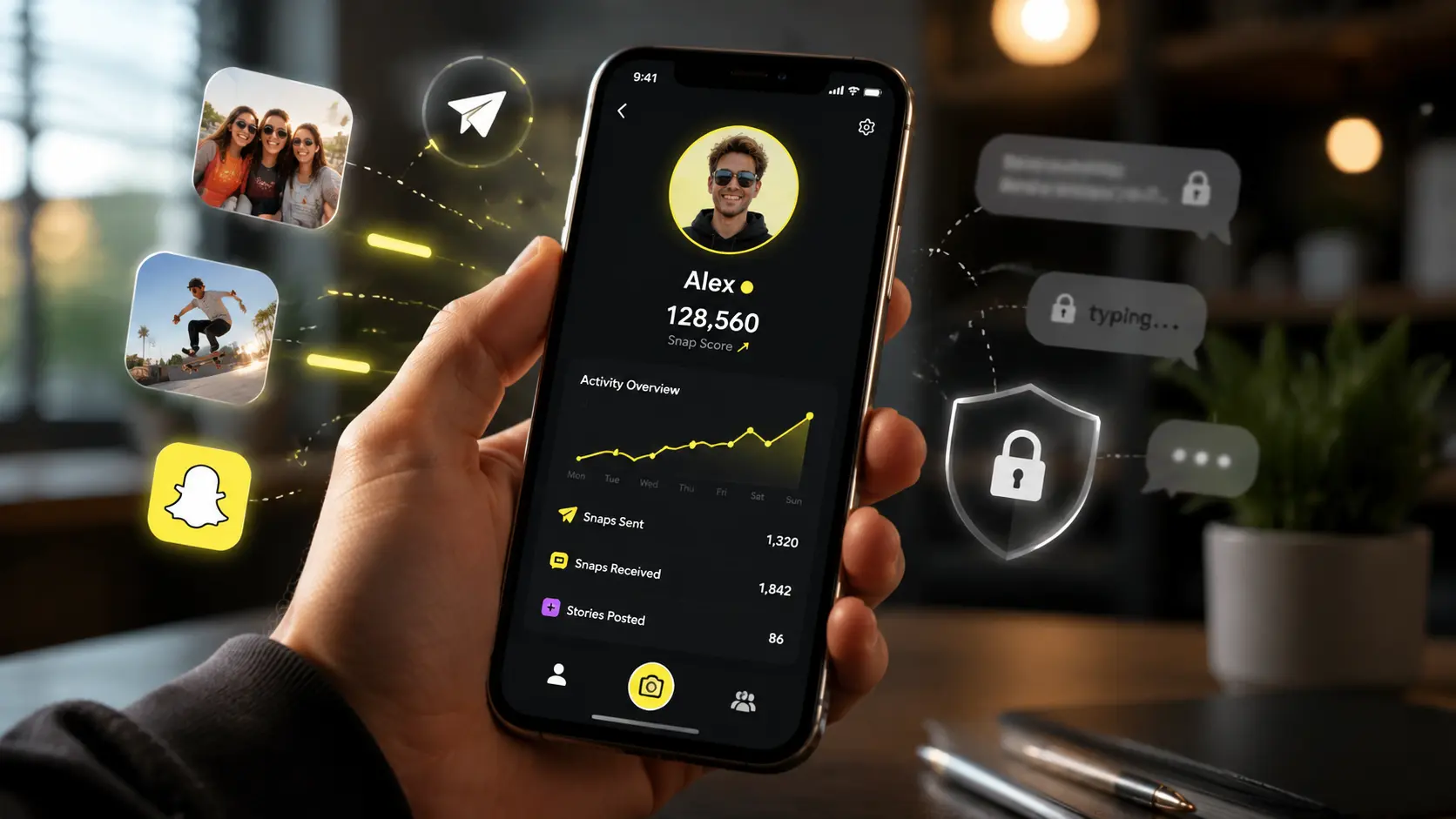 smartphone showing snap score activity with snap features while private conversations remain hidden from view