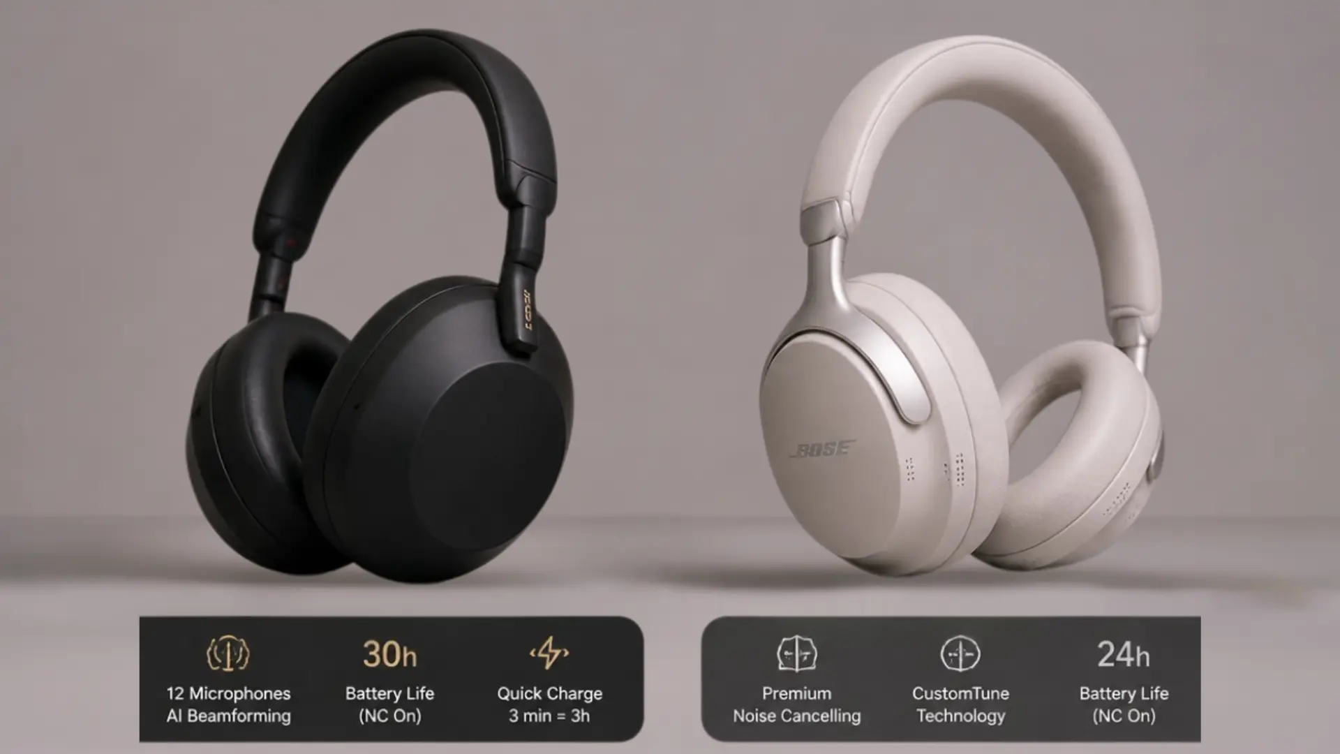 sony wh-1000xm6 and bose quietcomfort ultra headphones comparison showing companion apps, features, noise cancellation, and battery life details
