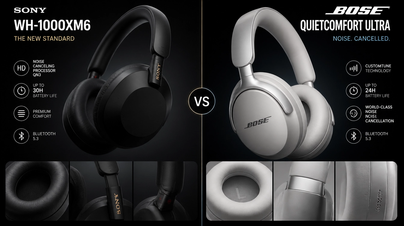 sony wh-1000xm6 and bose quietcomfort ultra headphones comparison with features and ear cushion details