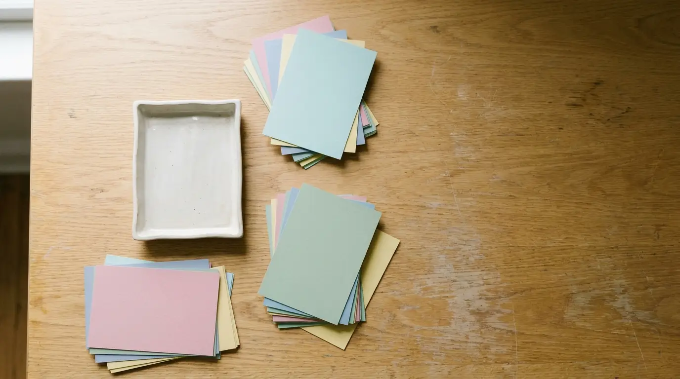 Pastel color index cards stacked on wooden table beside white ceramic dish