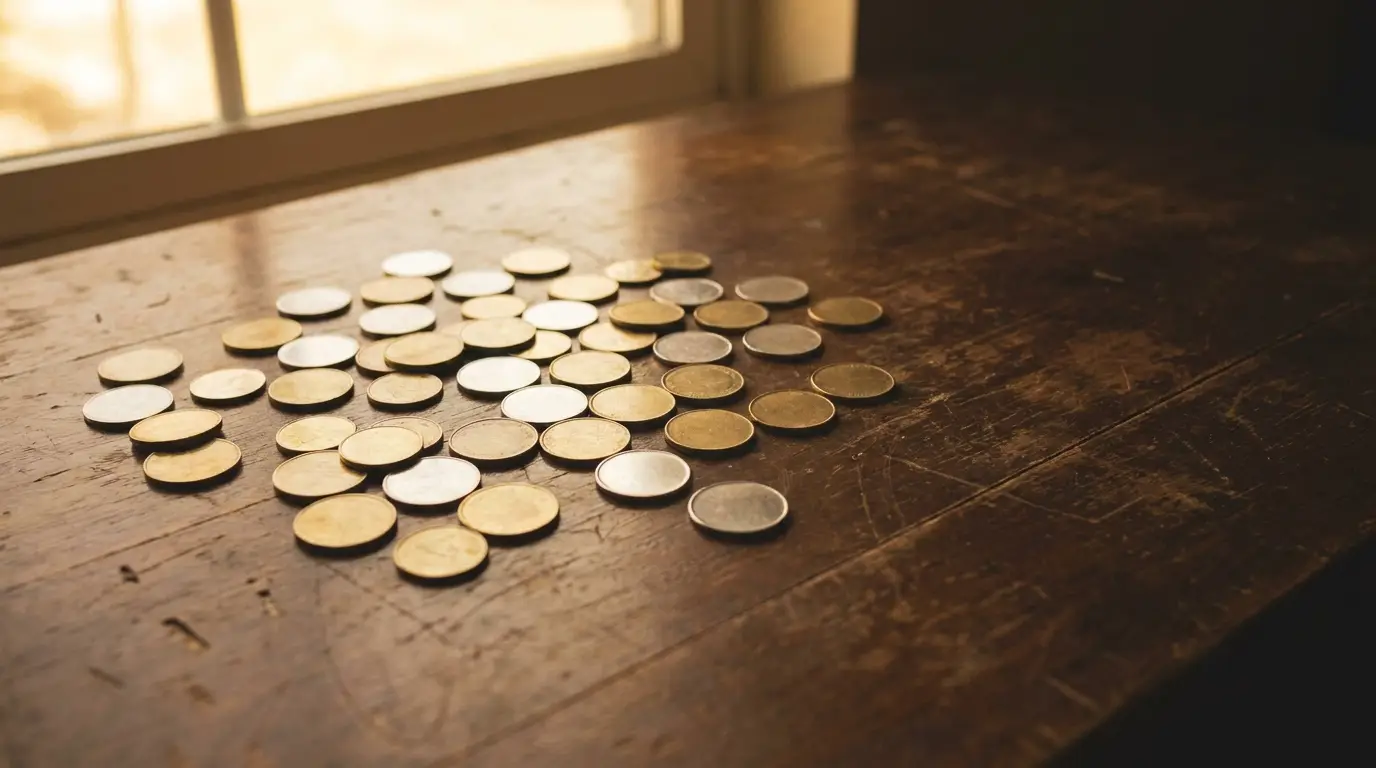 Scattered coins on rustic wooden table in soft natural light
