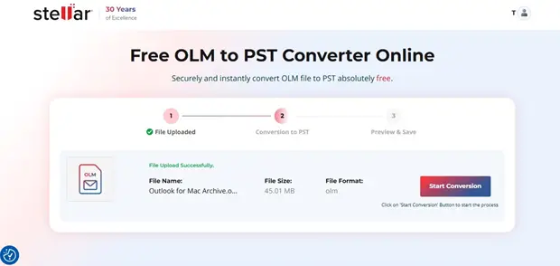 Online interface for converting OLM files to PST featuring upload and conversion progress steps