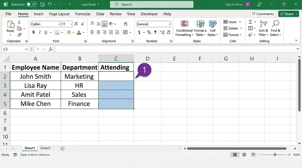 selecting excel cells where the drop down list will be added