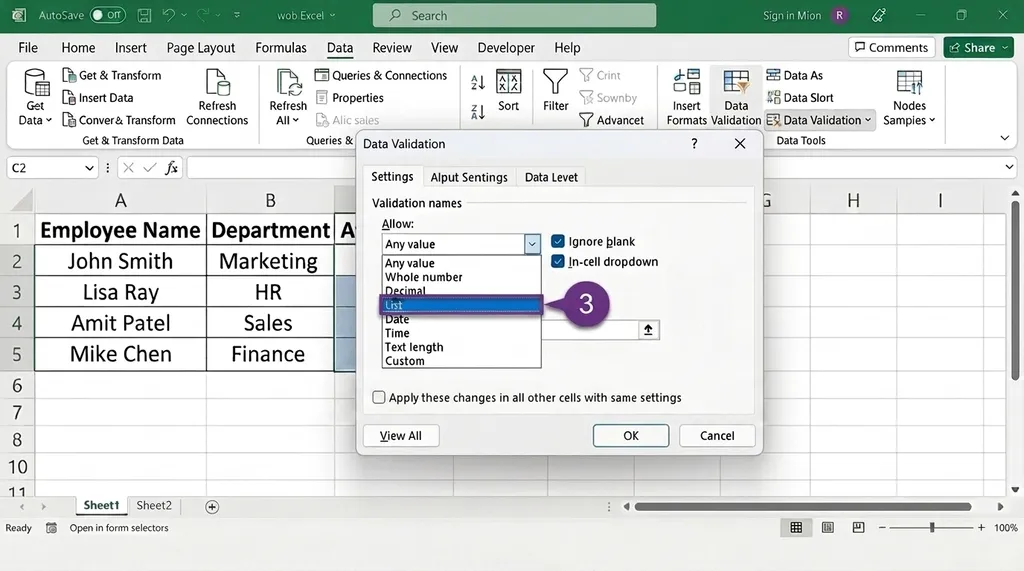 choosing list option in excel data validation settings.webp Uploaded through