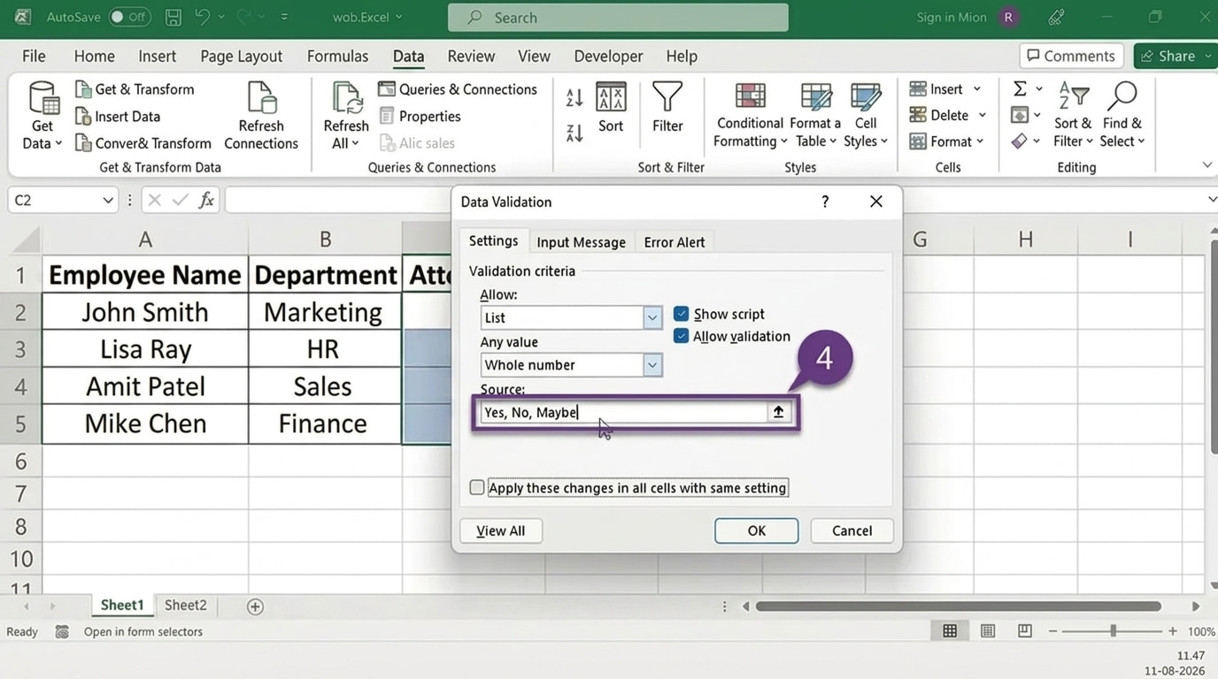 entering drop down options in excel source box