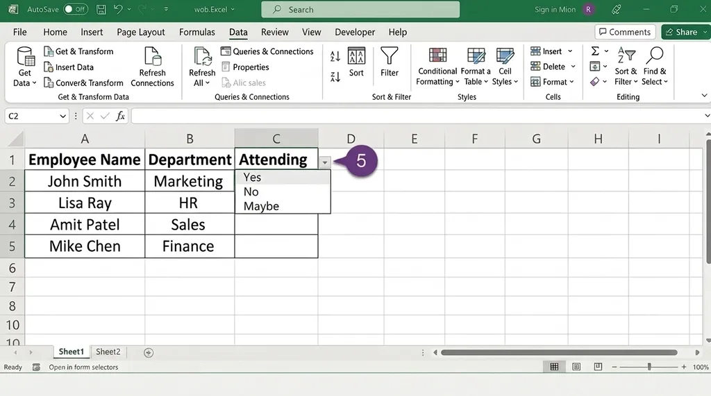 testing a completed excel drop down list with available options