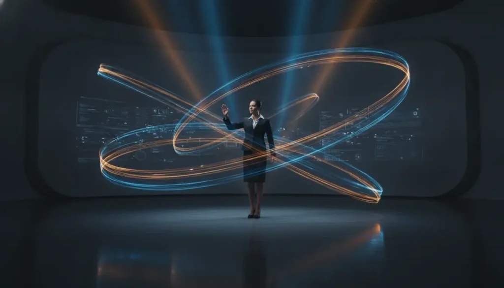Businesswoman interacting with virtual holographic interface in a futuristic setting