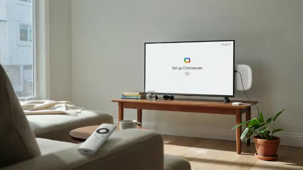 television displaying the chromecast setup screen with a voice remote resting on a nearby sofa cushion
