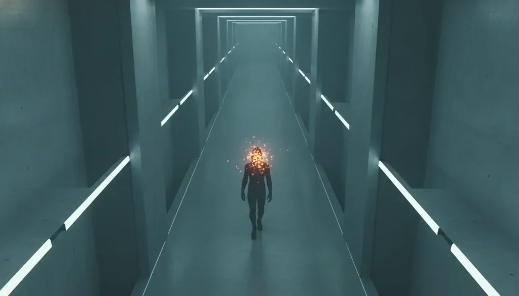 Dimly lit futuristic corridor with figure walking, head illuminated by glowing orange energy