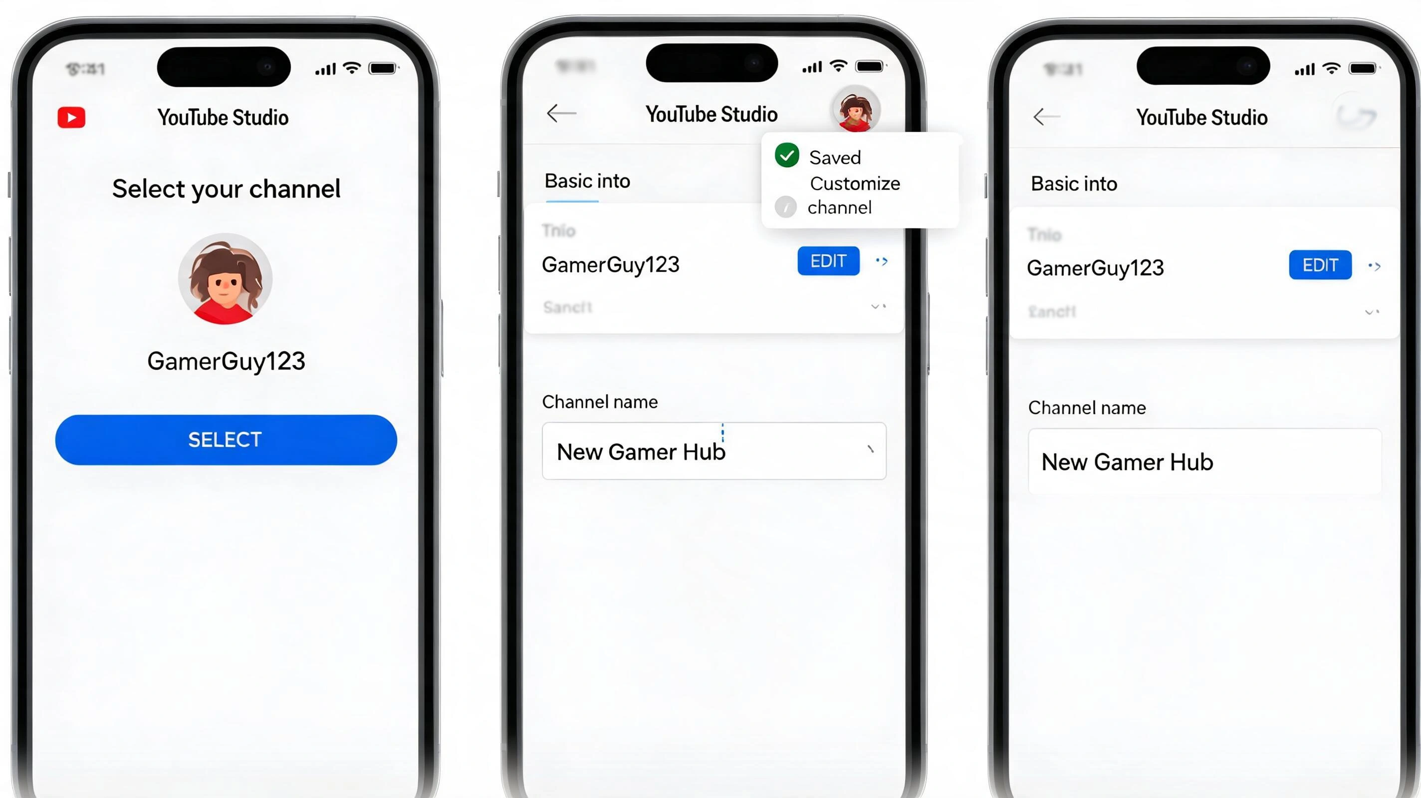 three smartphone screens showing youtube studio app channel name update steps