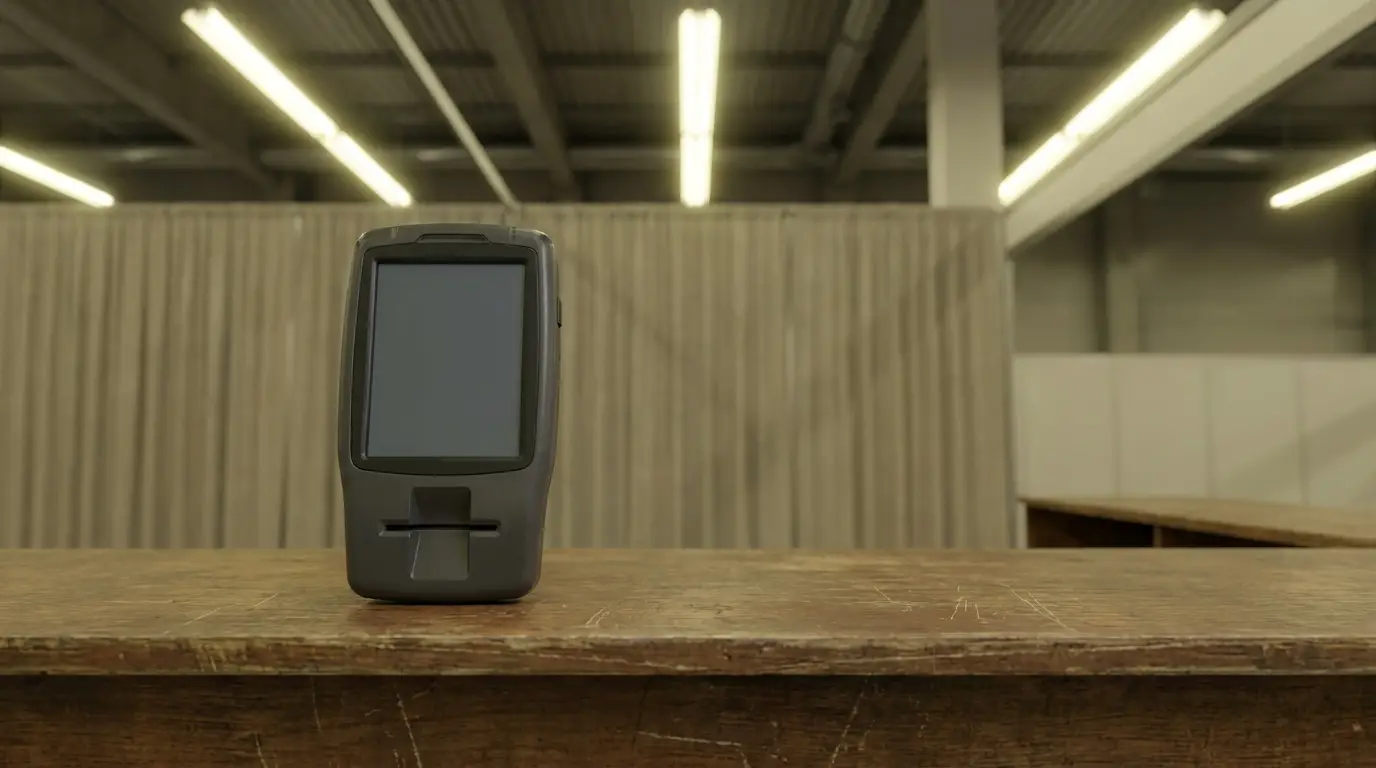 Black handheld device on weathered wooden table in an industrial setting with ceiling lights