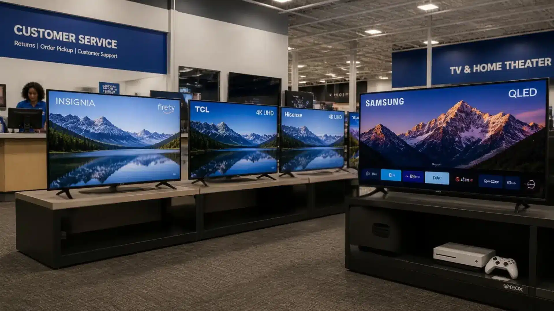 tv showroom display comparing insignia tcl and samsung televisions with different picture quality and price tags