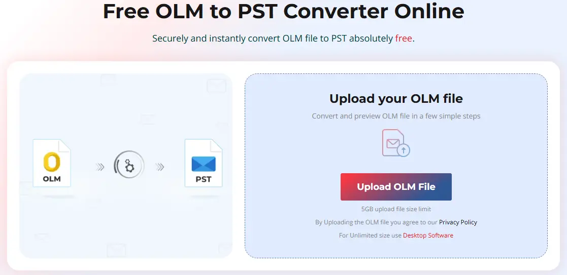 OLM to PST conversion process shown with upload button and file icons in a digital interface