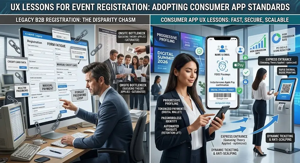 Split-screen comparison of traditional and modern event registration processes with digital elements