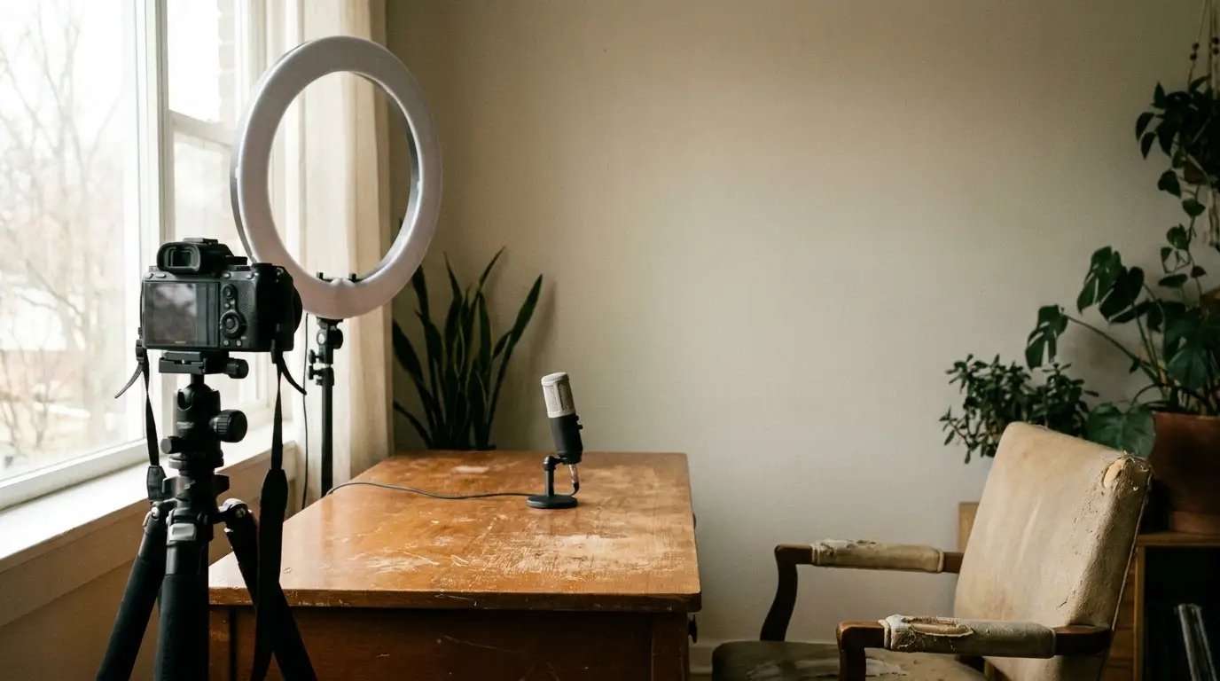 Camera with ring light on tripod beside wooden desk with microphone in home studio setting