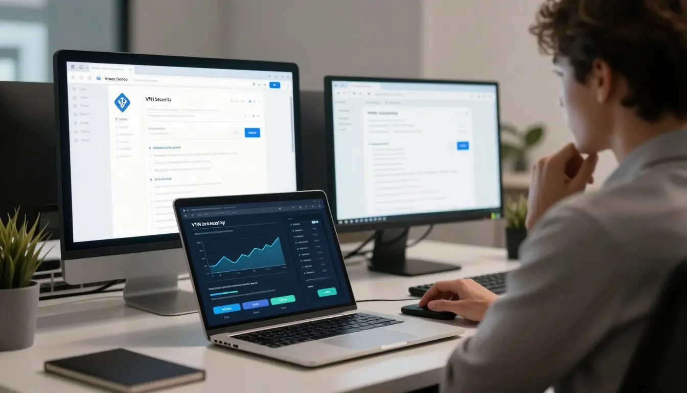 Person analyzing data on multiple computer screens at a desk in an office setting