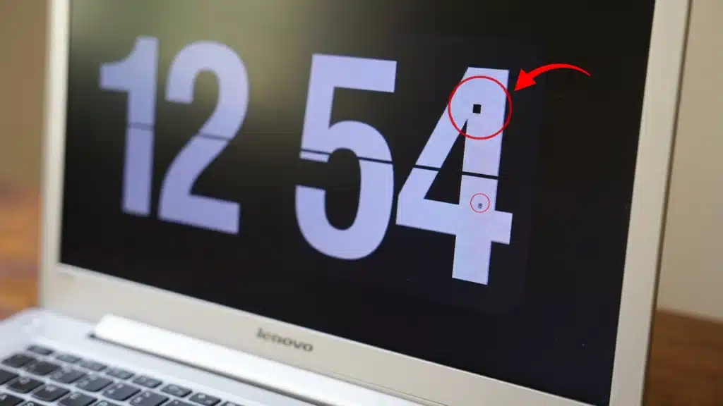 laptop screen showing black dead pixels highlighted with red circles on white number display