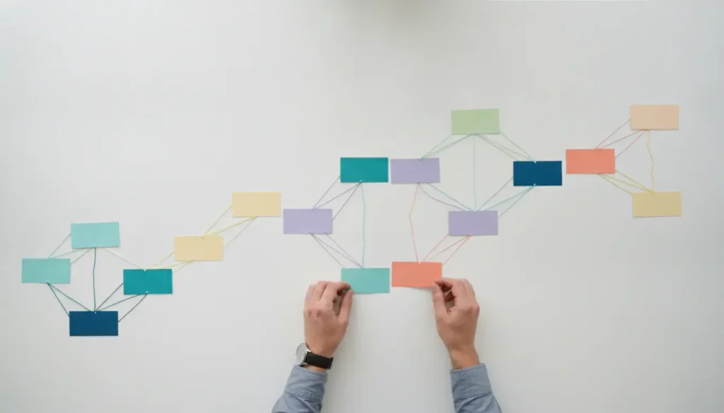 Hands arranging colorful cards connected by strings on a white surface, forming a flowchart pattern