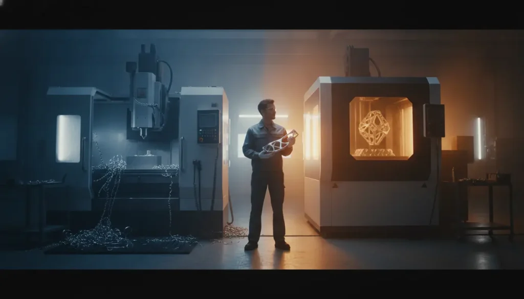 Man holding metal part between two CNC machines in dimly lit industrial workshop