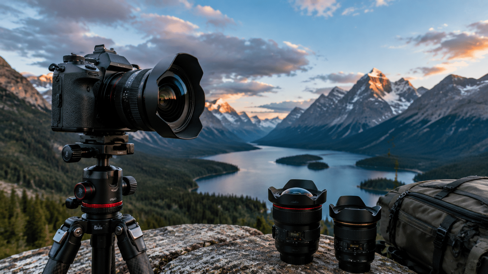 wide angle lens camera setup on tripod overlooking mountains lake and landscape at golden hour for travel photography