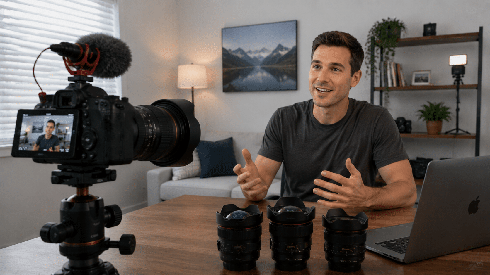 wide angle lens camera setup recording a vlogger in modern studio with camera gear on desk