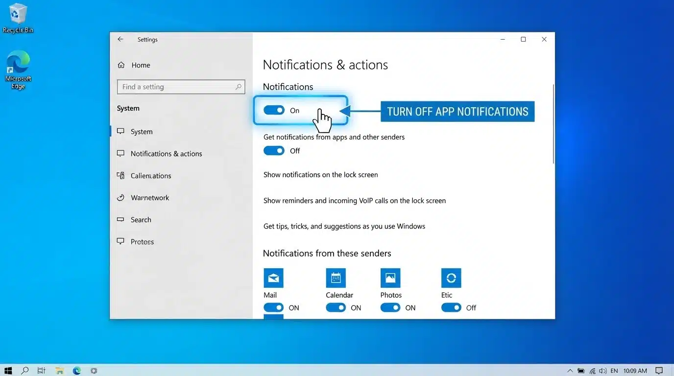 windows 10 settings notifications toggle turned off screen