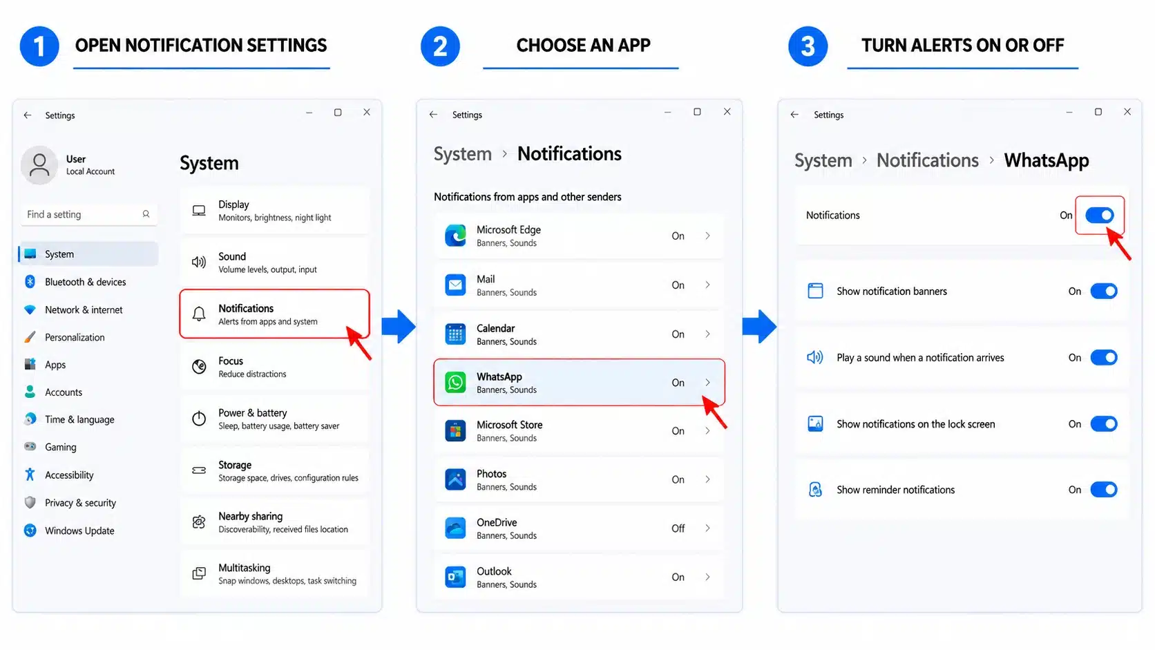 windows guide showing how to manage notifications for specific apps settings