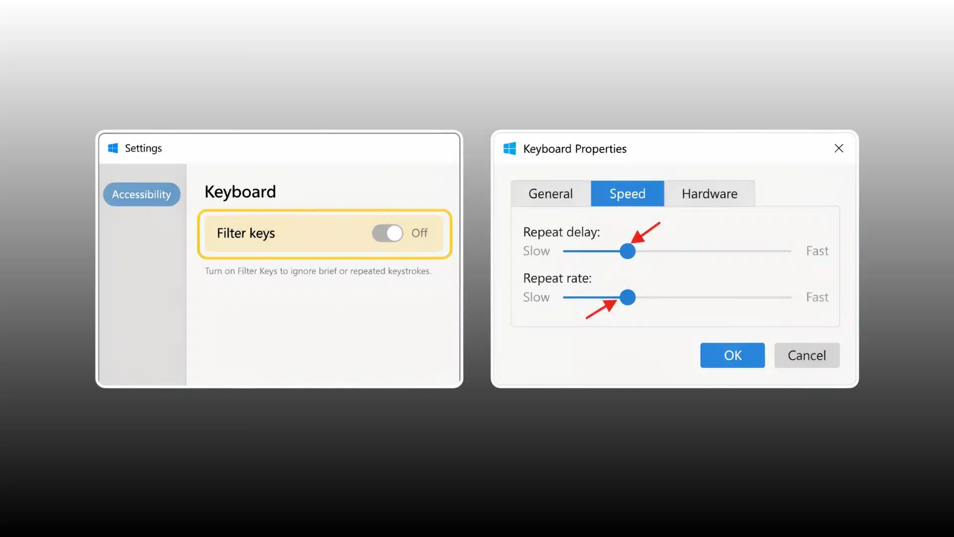 windows keyboard settings showing filter keys off and repeat speed adjustment
