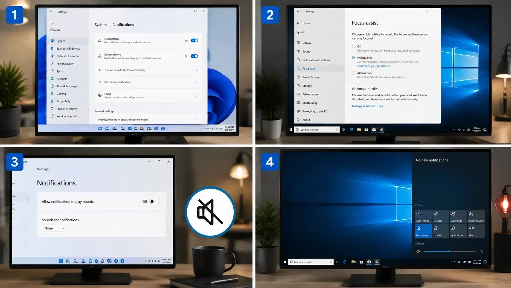 windows settings screens showing notification controls and focus assist options
