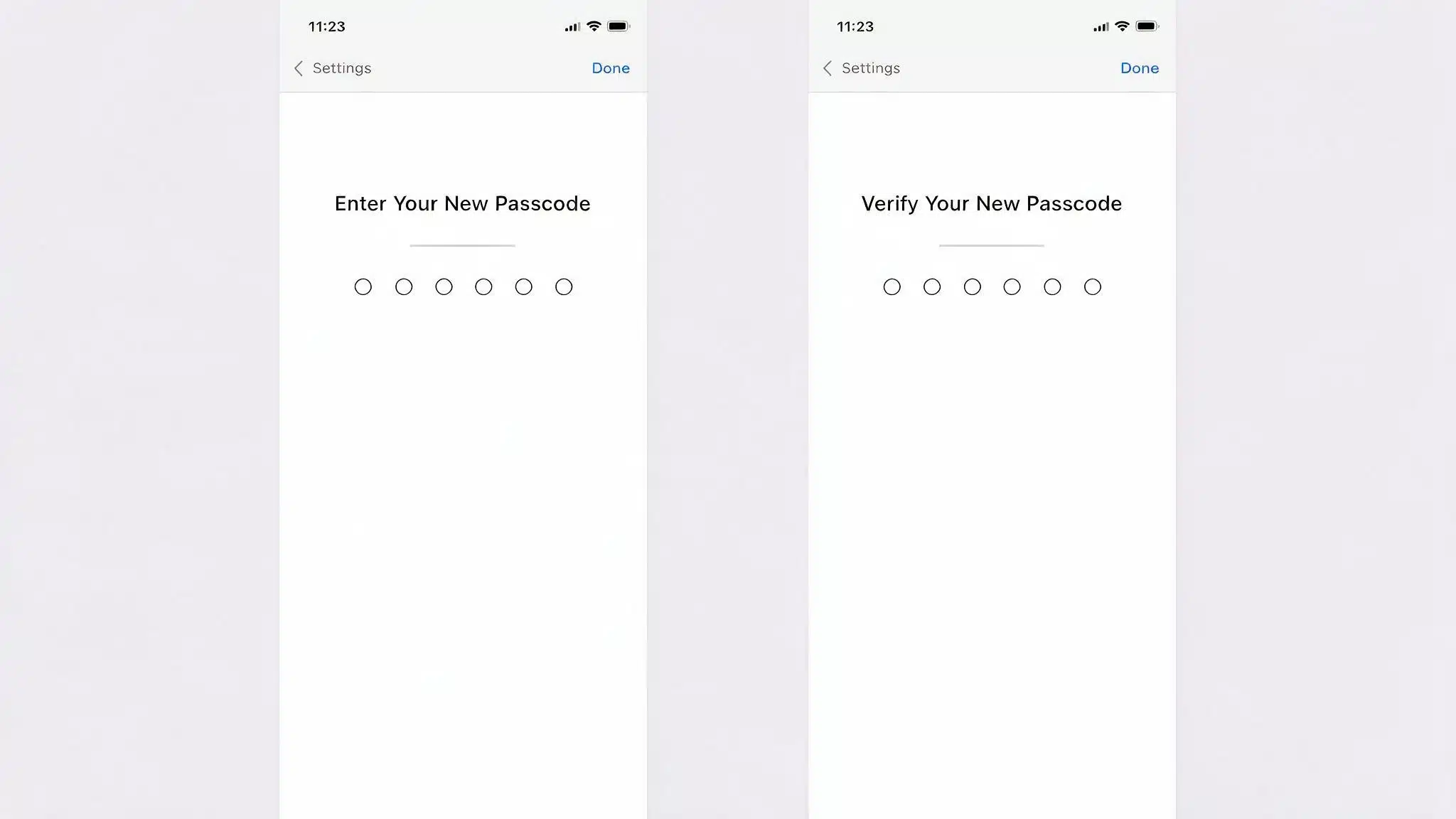 two screenshots side by side, one labeled enter your new passcode and one labeled verify your new passcode