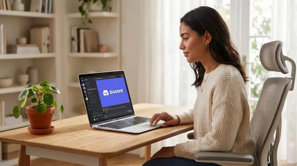 woman using laptop with discord app open in a clean modern workspace