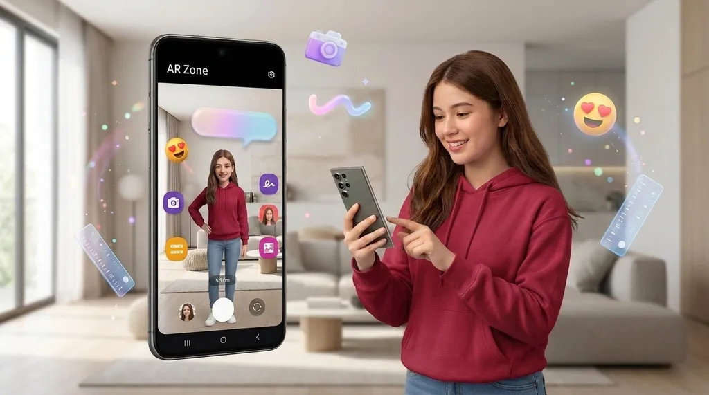 woman using smartphone with augmented reality effects in a modern setting