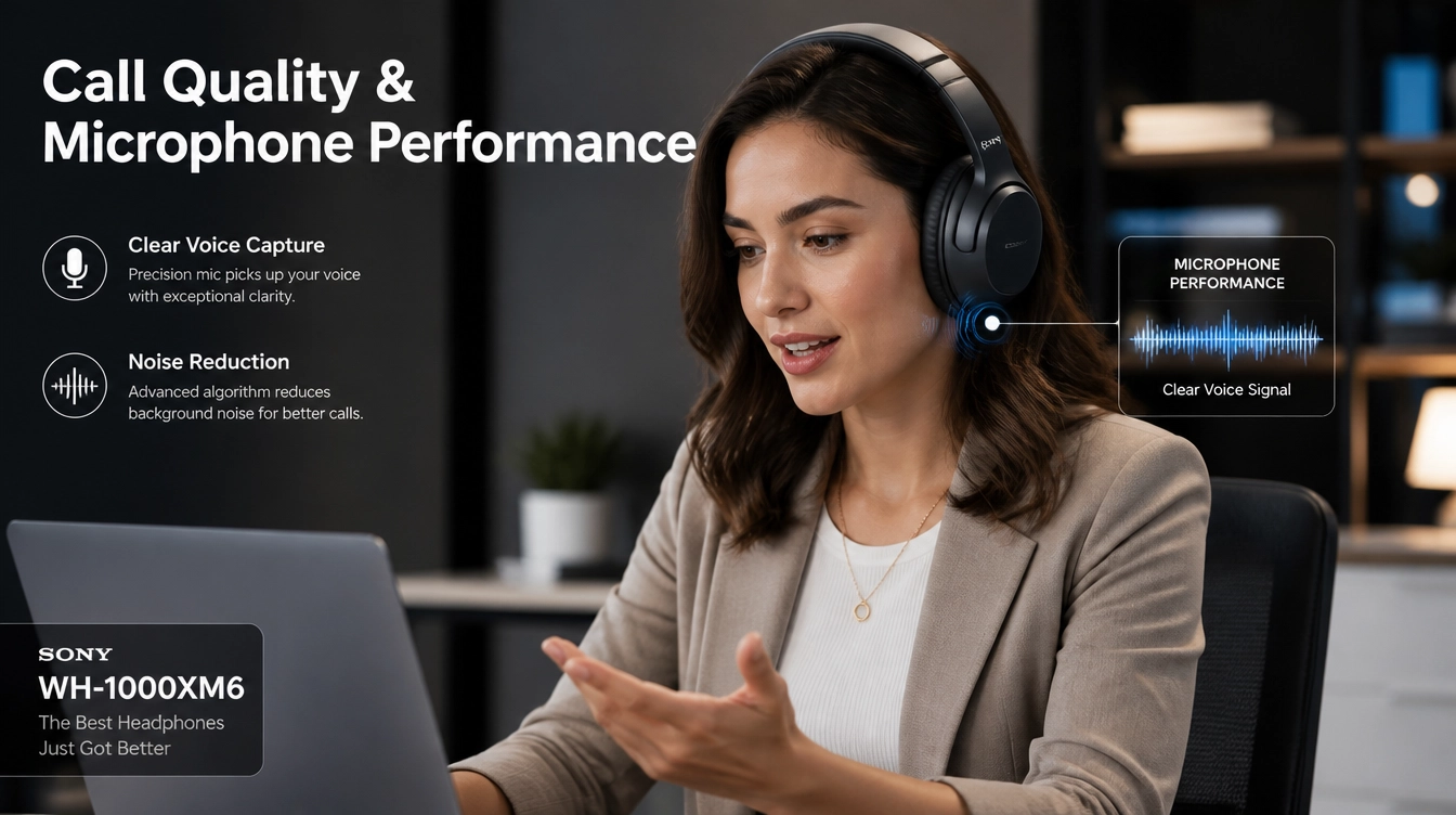 woman wearing sony wh-1000xm6 headphones during a call showing microphone performance and clear voice quality features