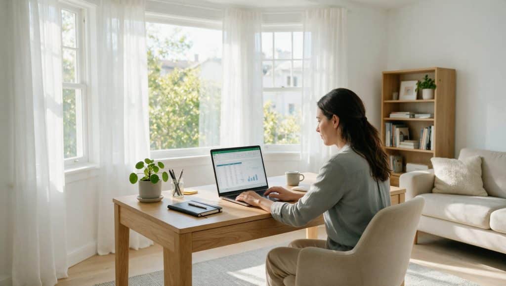 woman working on excel spreadsheet on laptop in clean home office workspace