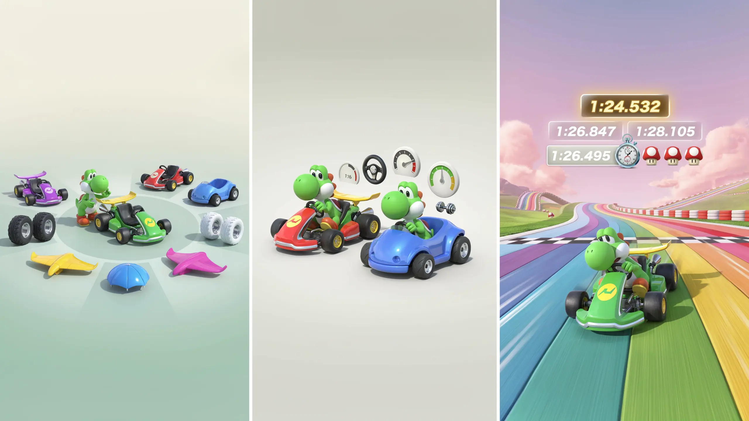 yoshi comparing mario kart vehicle parts and testing two setups during timed runs on a racing circuit