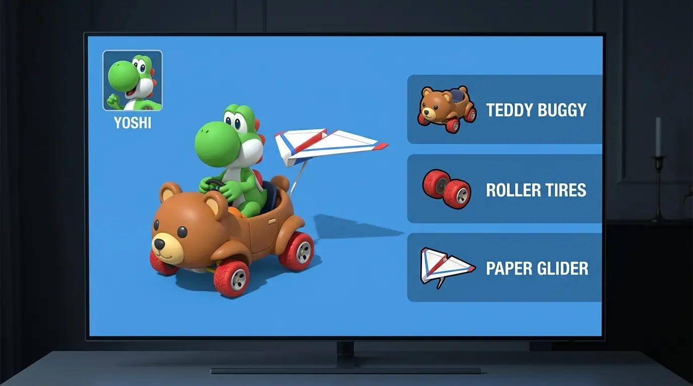 yoshi driving the teddy buggy with red roller tires and a paper glider displayed on a television screen