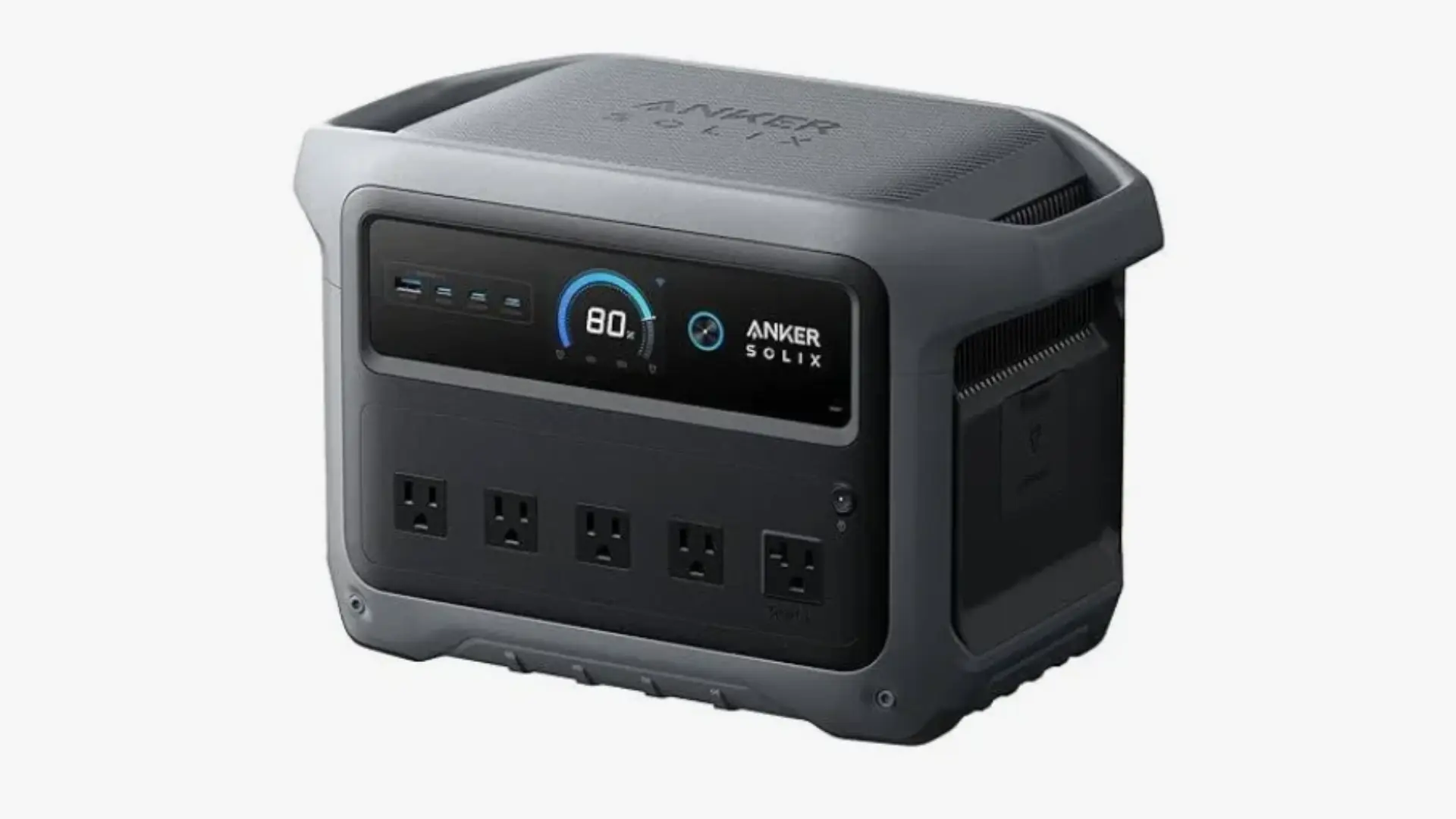 Gray Anker SOLIX portable power station showing a digital display at 80 percent charge, USB ports, and five AC outlets.