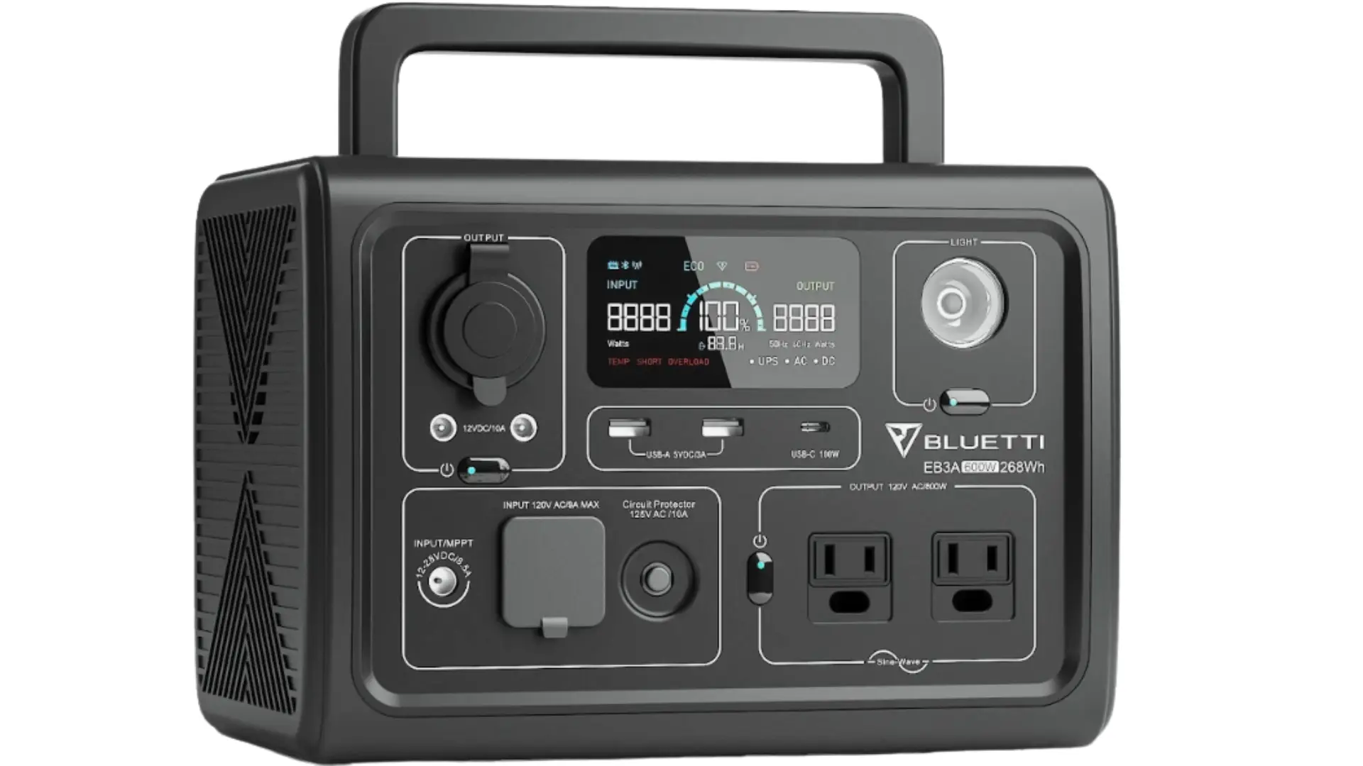 Bluetti EB3A portable power station with display screen outlets and carry handle for backup power