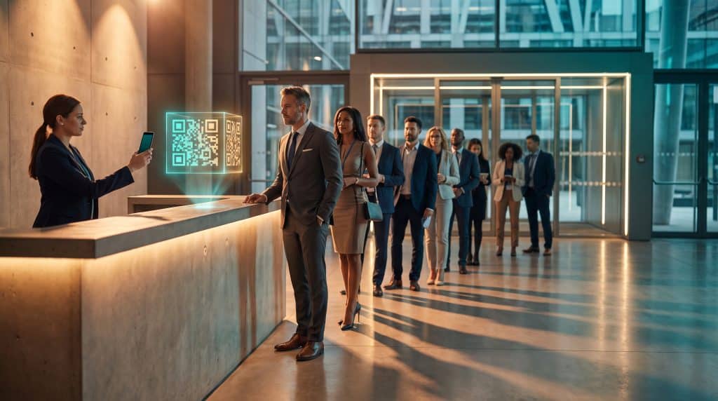 Businesspeople in line at modern office reception with holographic QR code display