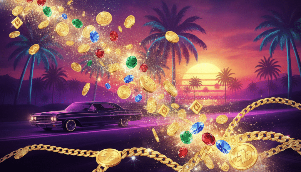 Retro car driving with floating coins and jewels against vibrant sunset and palm trees
